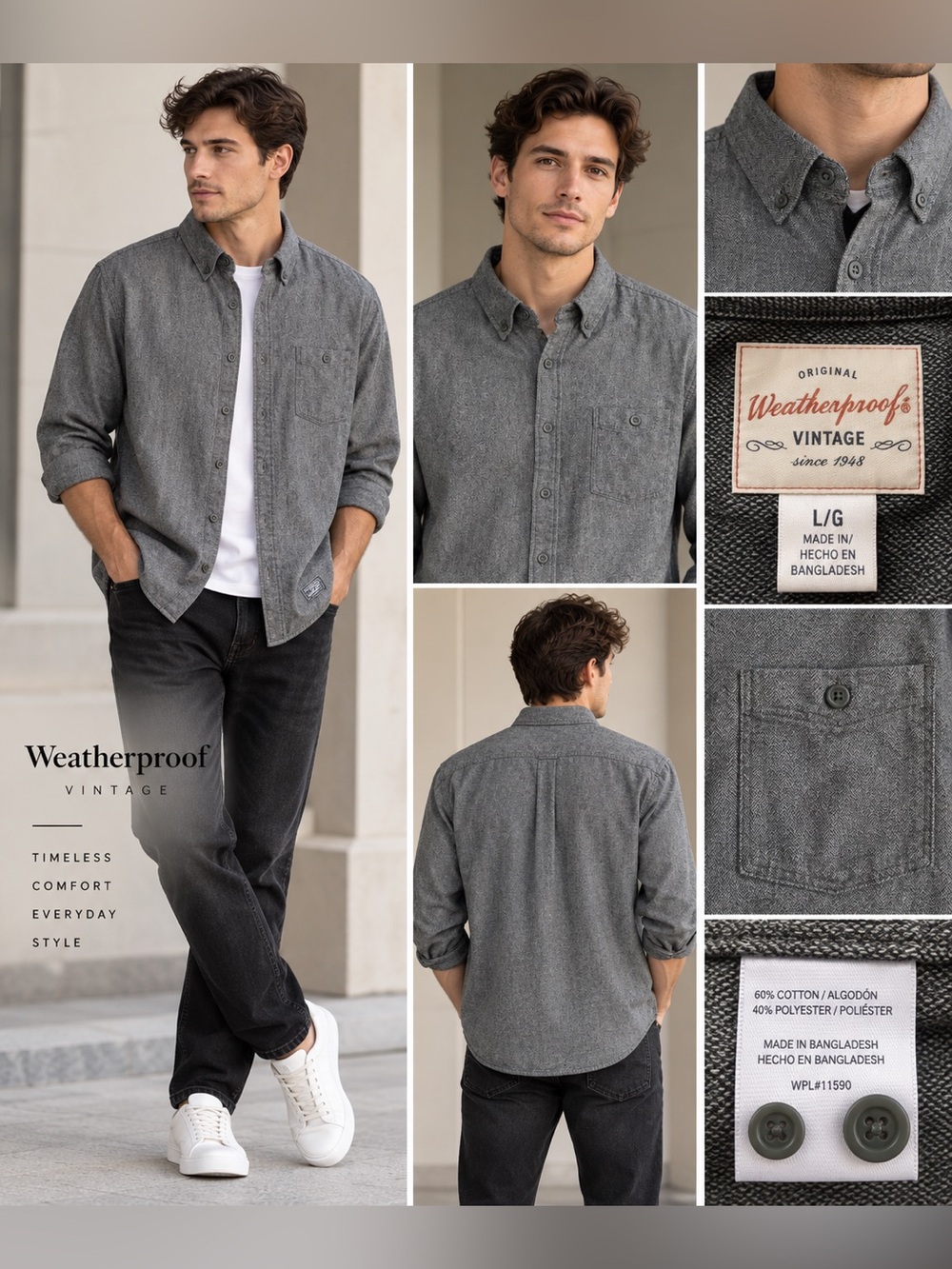 Weatherproof Vintage Men’s Large Gray Herringbone Button Down Shirt
